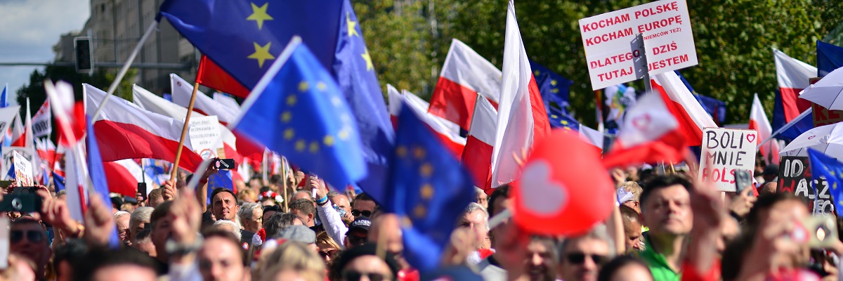 The protesters back the EU's criticism of the Poland's government